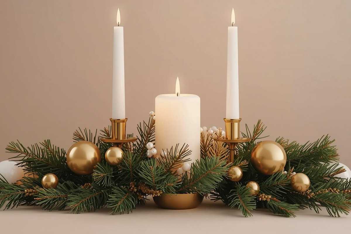 un centrotavola natalizio fai da te con le candele e palline di Natale