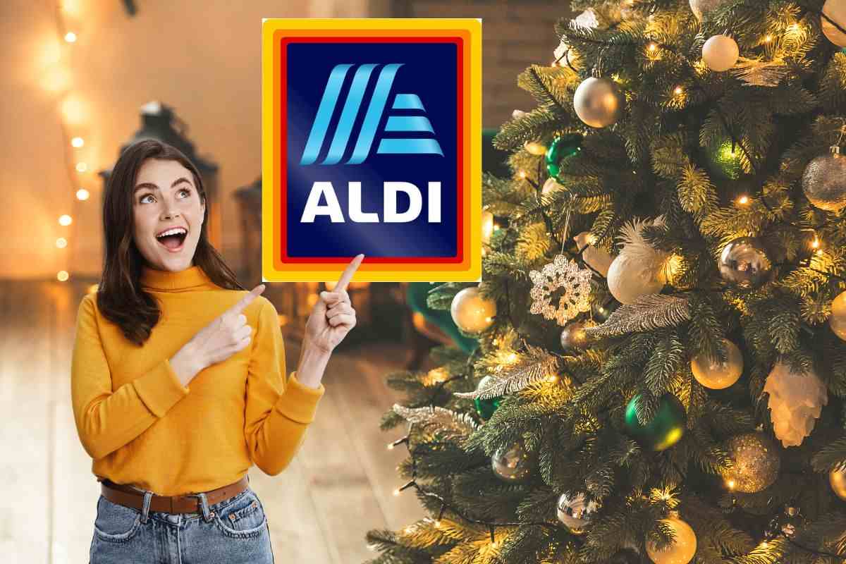 sfondo di un ambiente con albero di Natale e donna stupita che indica logo aldì