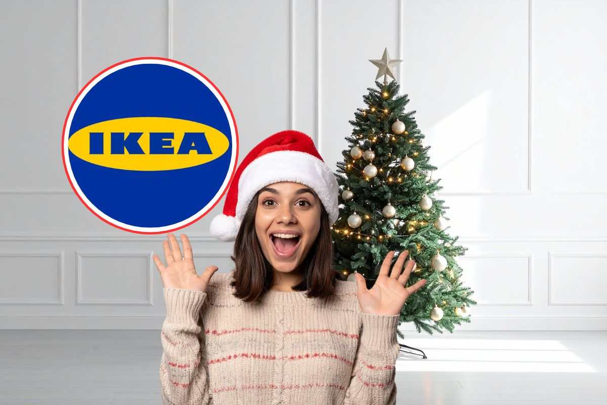 albero di natale, logo ikea e donna stupita