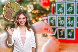 calendario avvento, donna sorridente che fa ok con le mani e spiccioli in icona