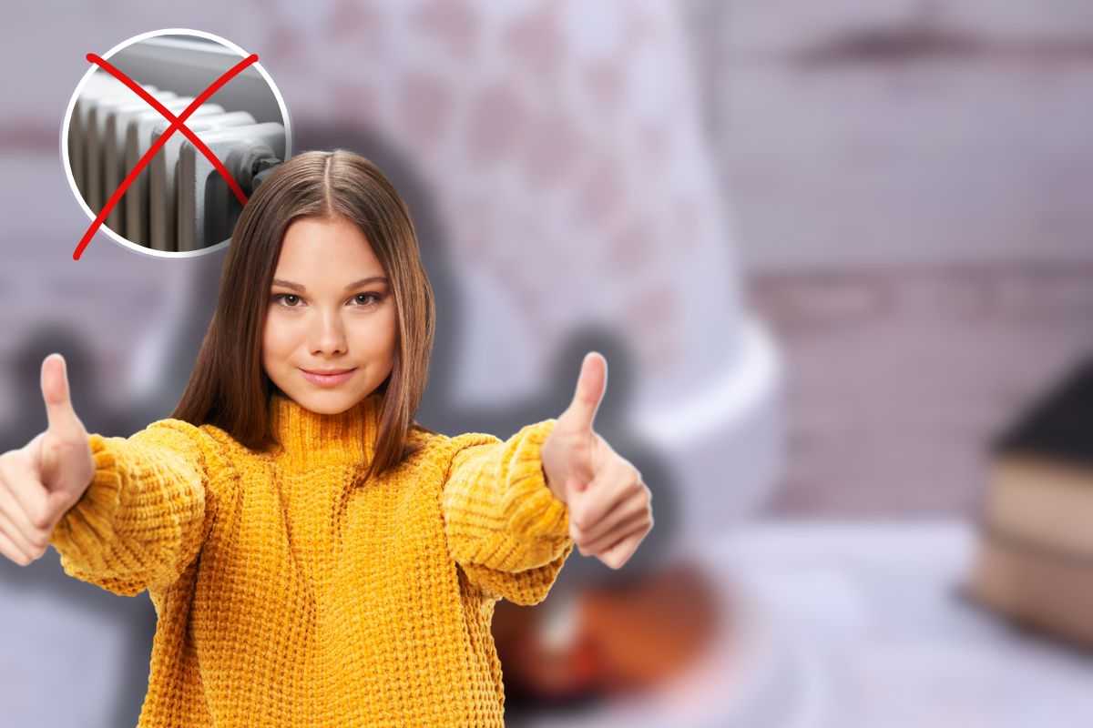 vaso scalda-ambiente sullo sfondo, x rosso su termosifoni e donna sorridente che fa ok con le mani 