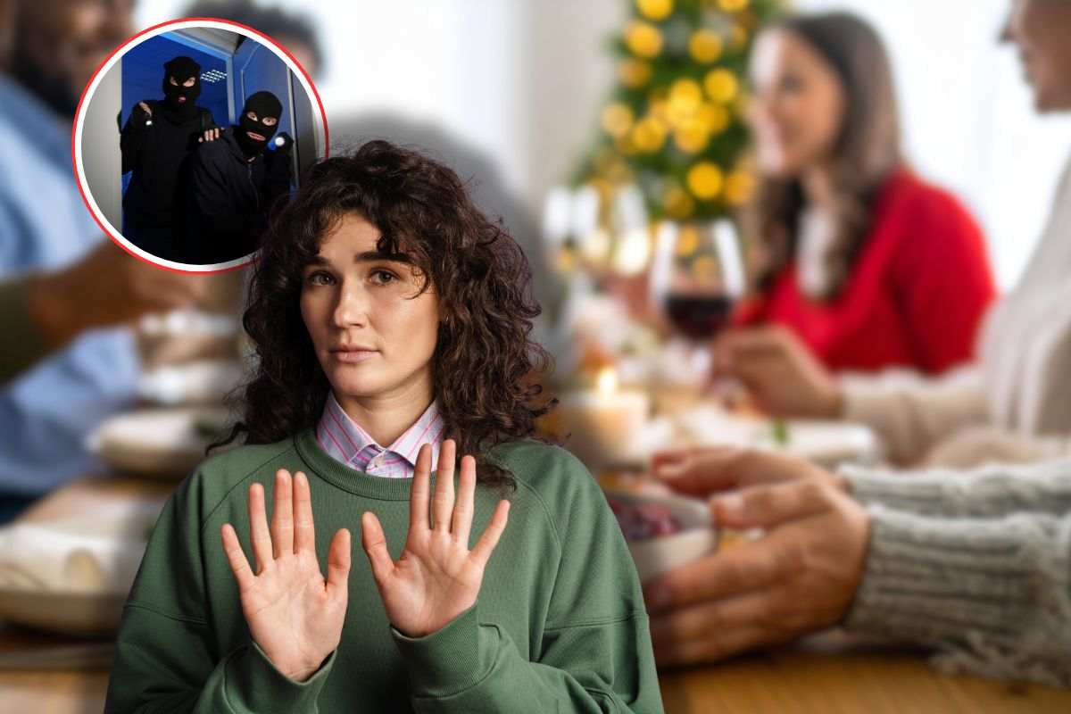 amici a tavola nel giorno di natale, ladri i casa in icona e donna che fa stop con le mani