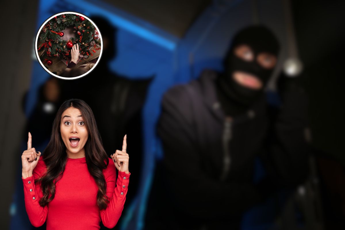 ladri in casa, ghirlanda di natale in icona e donna sconvolta