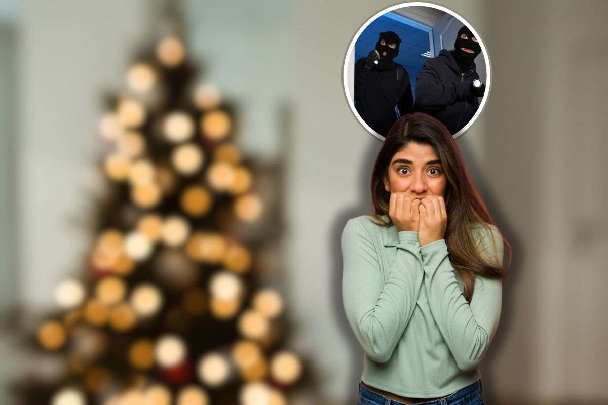 albero di natale con luci, donna spaventata e ladri in icona