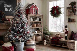 ambiente di casa decorato con albero di Natale, ghirlanda appesa alla finestra e schiaccianoci su una panca