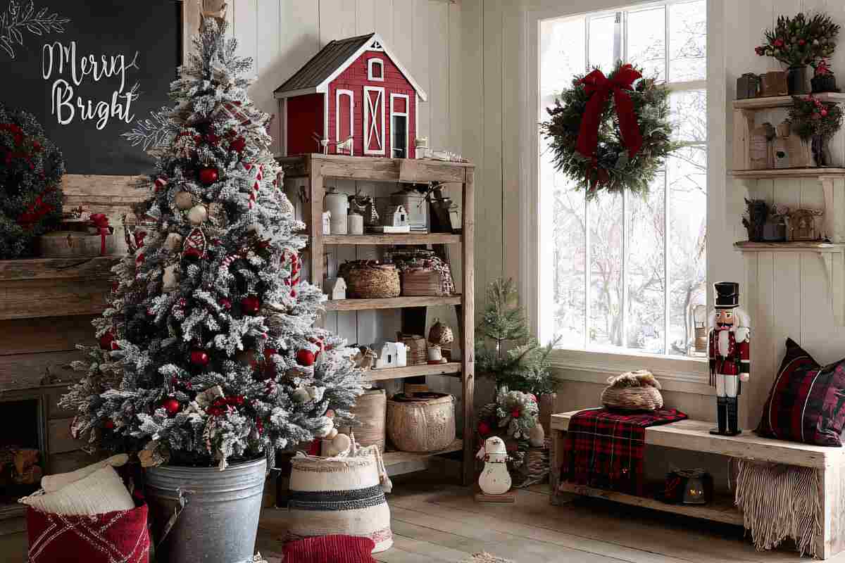 ambiente di casa decorato con albero di Natale, ghirlanda appesa alla finestra e schiaccianoci su una panca