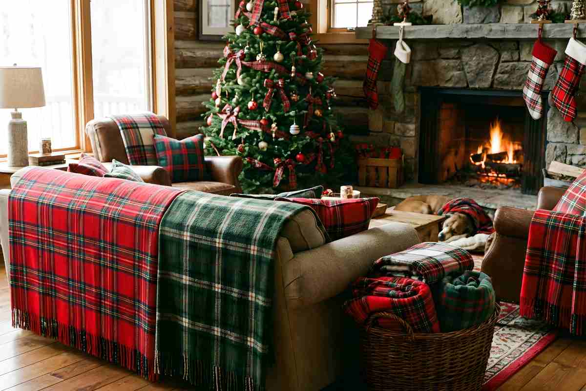 un soggiorno con caminetto, divano e decorazioni natalizie con cane accucciato vicino al fuoco