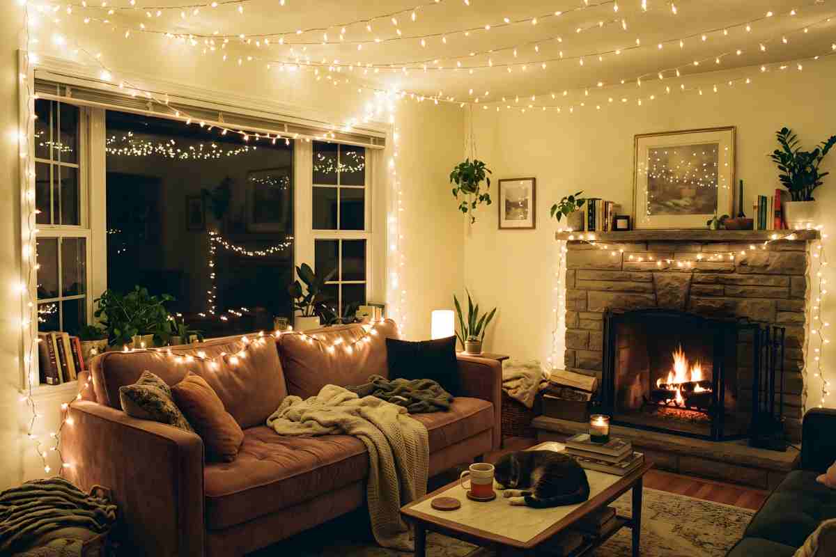 soggiorno decorato con luci per Natale