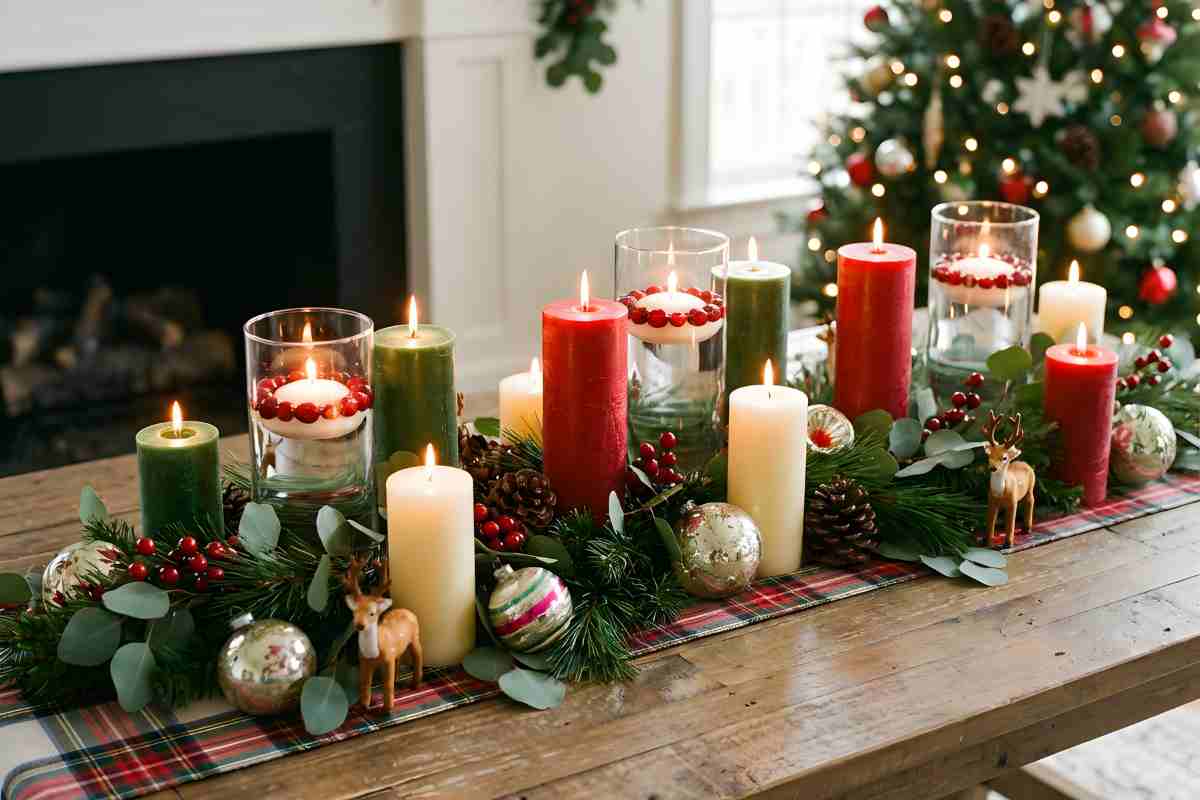 Un centrotavola natalizio su una tavola rettangolare