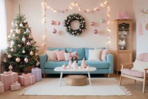 un salotto addobbato per Natale con un'atmosfera festosa e romantica