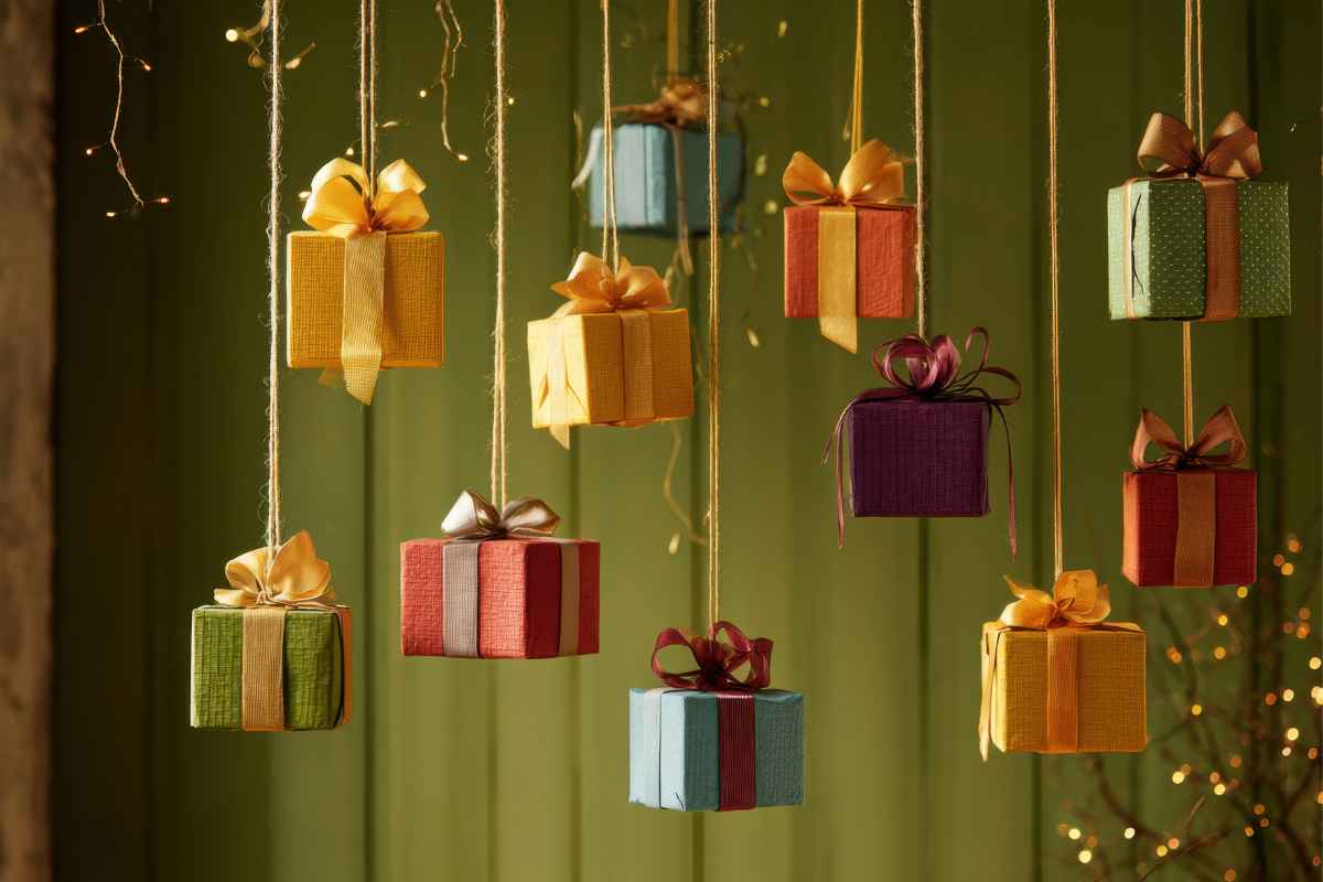 Pacchetti regalo appesi per un Natale sensoriale a casa