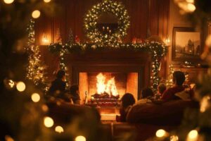 una famiglia davanti al camino acceso la sera di Natale