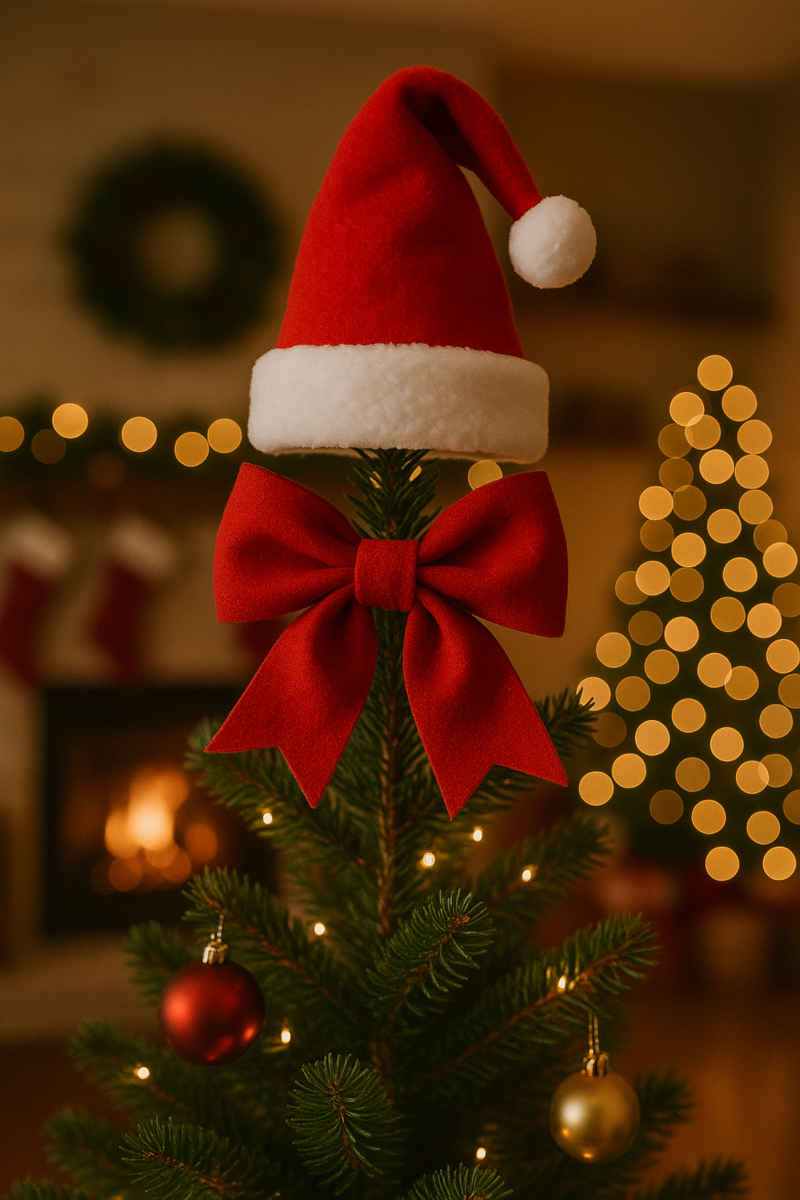 Puntale albero di Natale particolare con fiocco rosso e cappello di babbo Natale