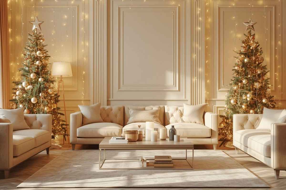 Soggiorno chiaro con decorazioni di Natale eleganti e due alberi ai lati